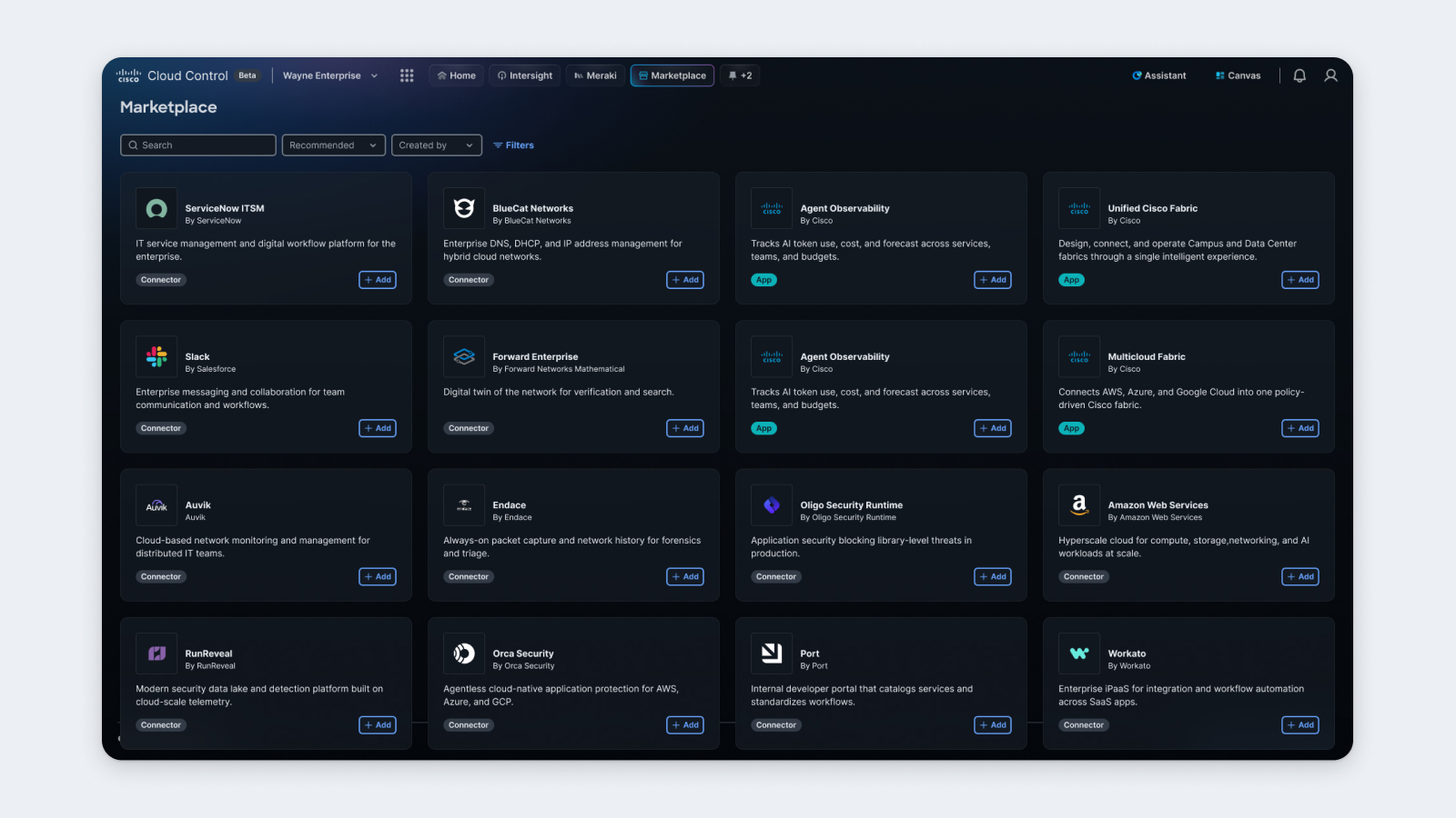 sco Cloud Control dashboard displaying six automated agents with status, run counts, error counts, and average run times.