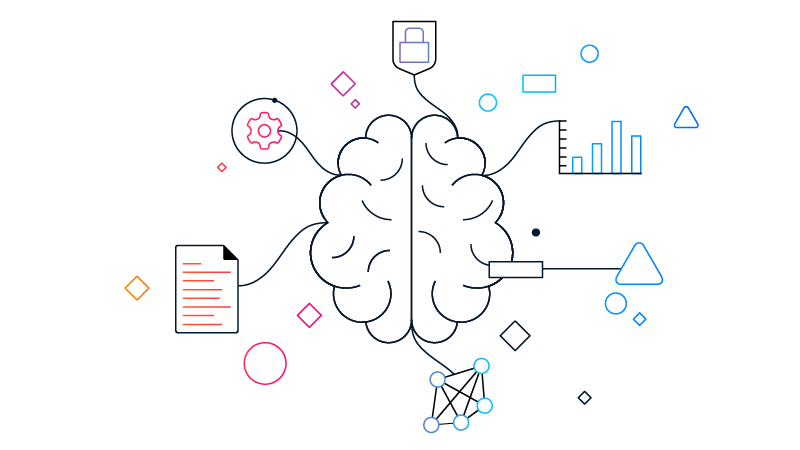Artificial intelligence shown as a stylized brain connected to icons for data, security, analytics, and networking.