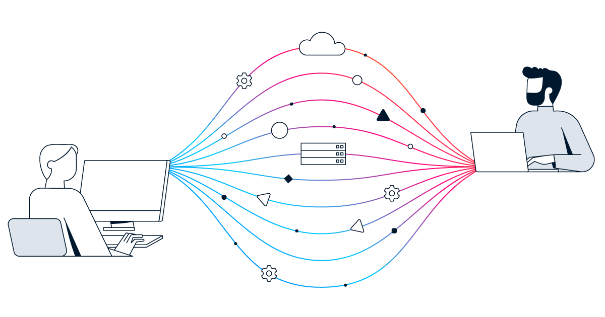 Two people working at computers connected by data streams flowing through a central server and cloud icon. 