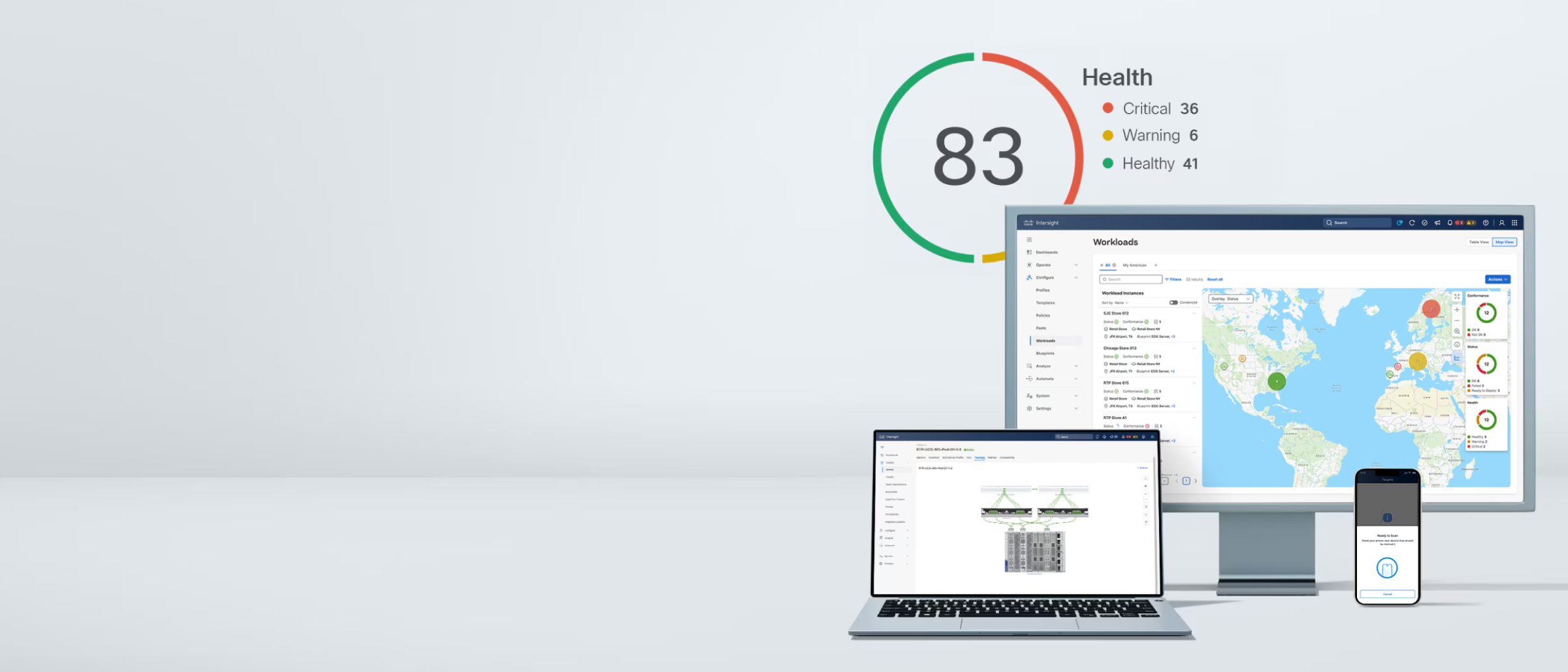 Cisco Intersight cloud operations platform interface displayed on a desktop monitor, laptop, and smartphone, featuring a central health dashboard.