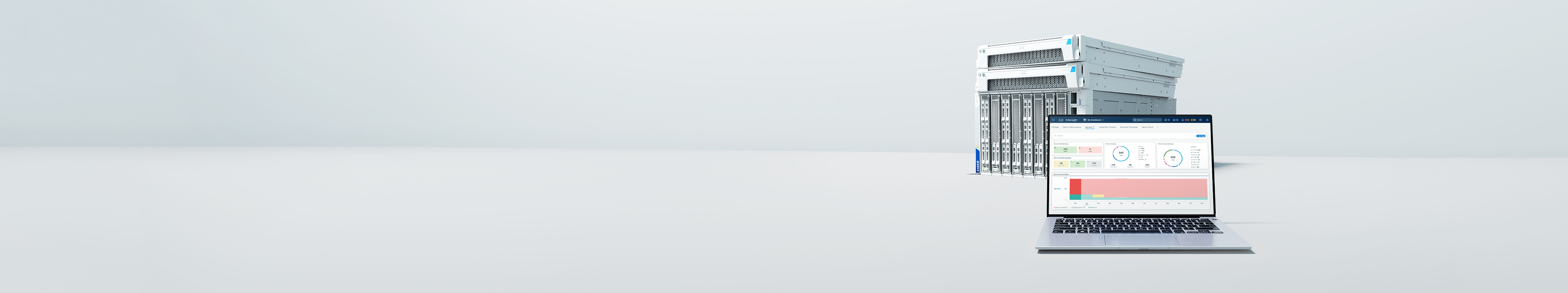 Networking infrastructure stack and laptop displaying Intersight dashboard