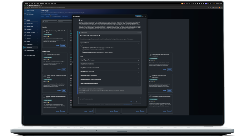 AI Assistant modal in Cisco Cloud Control Exchange detailing a 7-step workflow to Move Switch Port to Quarantine VLAN.