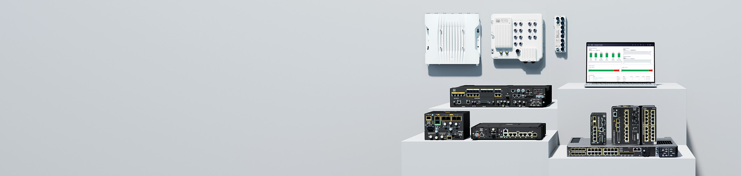 Cisco Industrial IoT routers, switches, access point, and a laptop displaying Cisco Catalyst Center