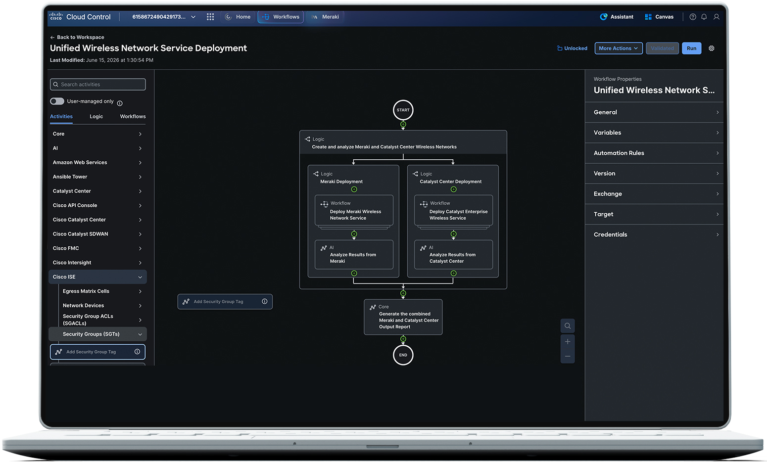Cisco Cloud Control interface showing the Unified Wireless Network Service Deployment workflow with Meraki and Catalyst Center branches.