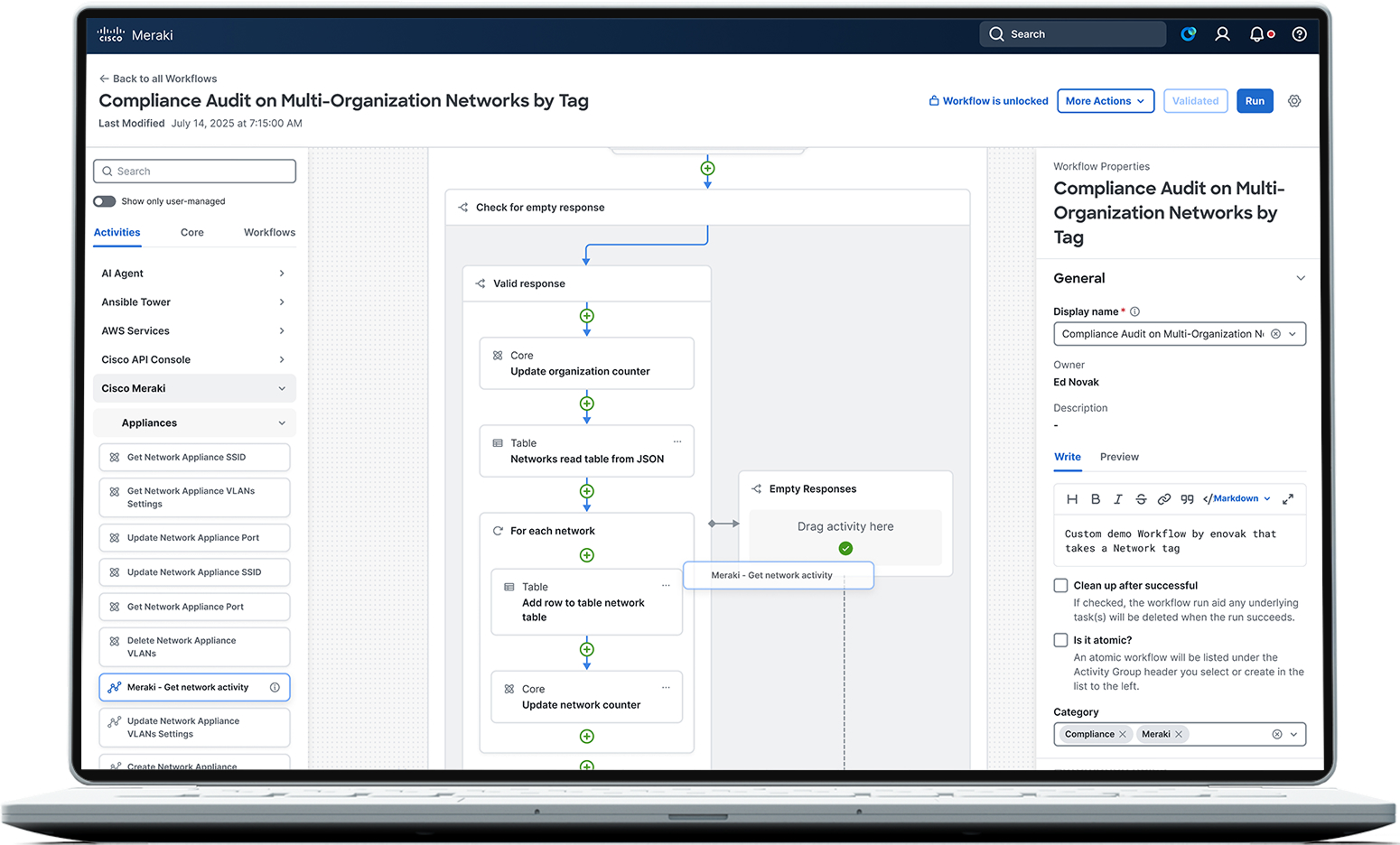 A computer screen showing the designer interface of Cisco Workflows. 