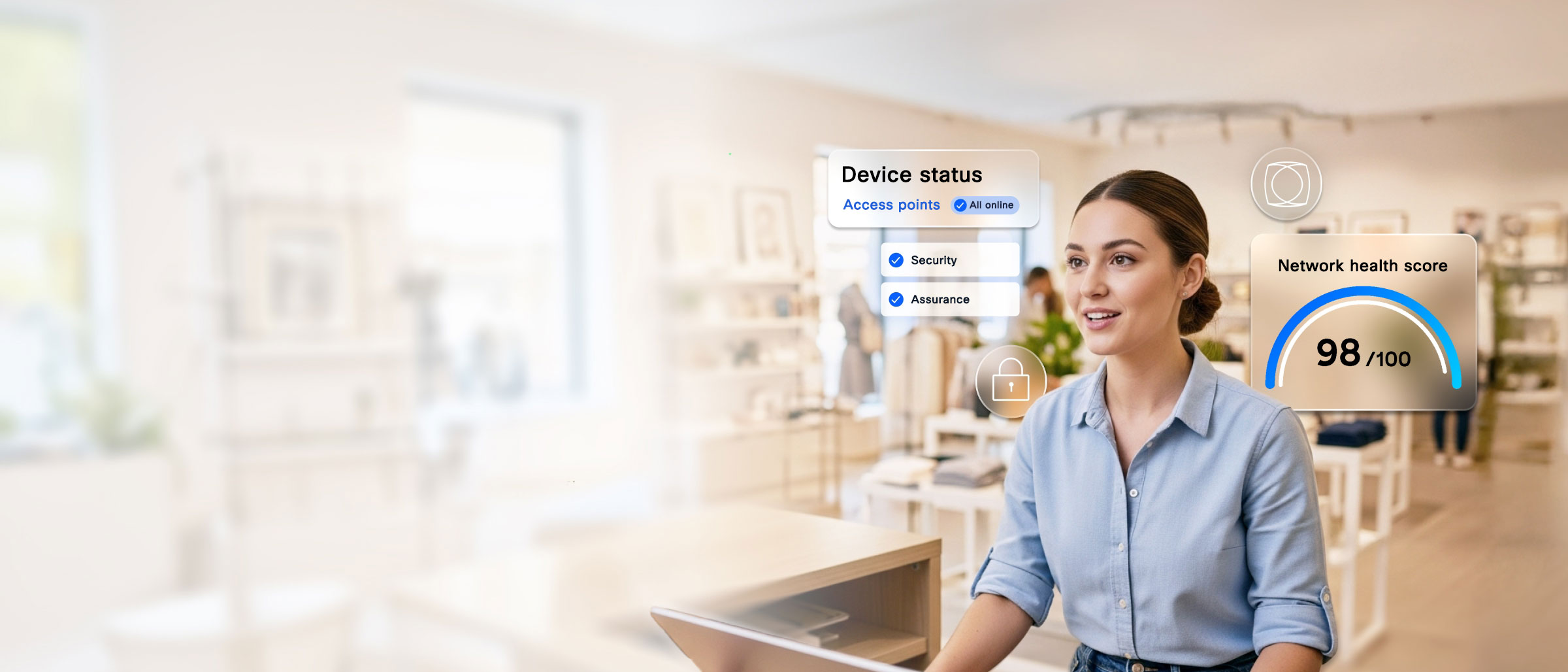 Person looking at laptop, with network dashboard status items overlaid on the background for: Connectivity, Assurance, Security, Infrastructure, and Culture.