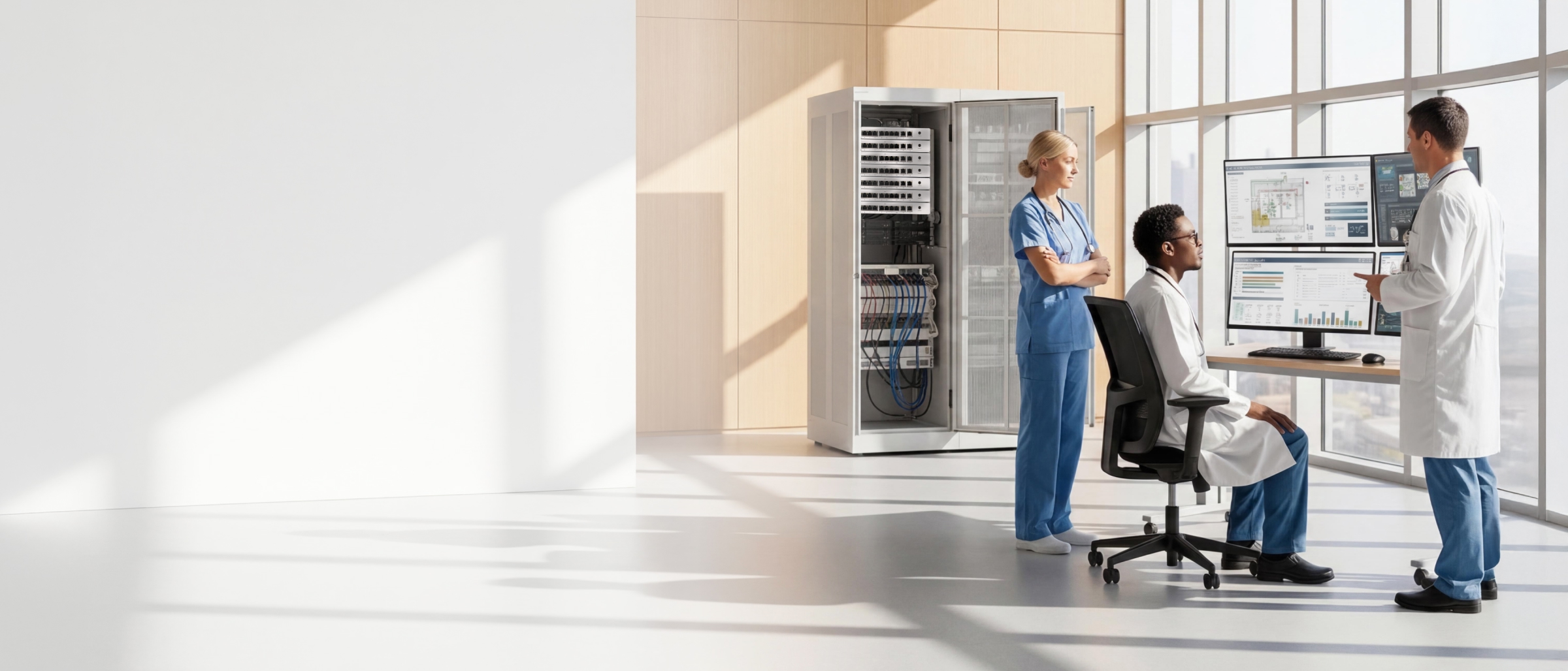 Three medical professionals reviewing data on computer monitors in a room with a rack housing secure routers.