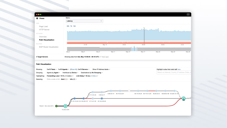 Network Path Visualization dashboard displaying latency metrics and a node-to-node connectivity diagram.