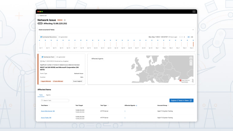 Network Issue dashboard for 13.68.225.252, showing event timeline, affected agents map, and affected Azure Web Server VM and Azure Public VM.