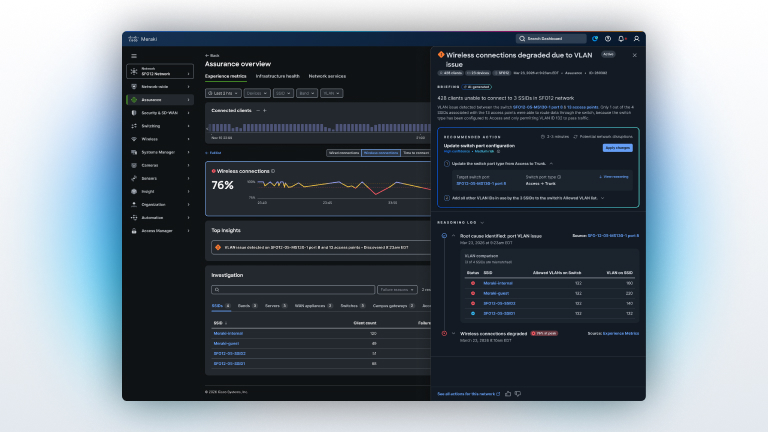 Cisco Meraki dashboard: Wireless connections degraded due to VLAN issue, affecting 428 clients. Recommended action: Update switch port configuration.