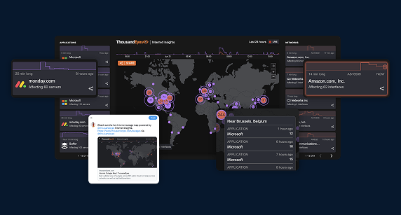 ThousandEyes Internet Insights dashboard showing a global map of internet outages with alert panels for companies like Monday.com and Amazon.com.
