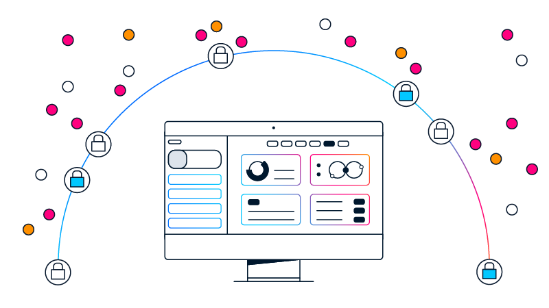 Cybersecurity dashboard on a computer screen, featuring an arched line of padlock icons and surrounding data points.