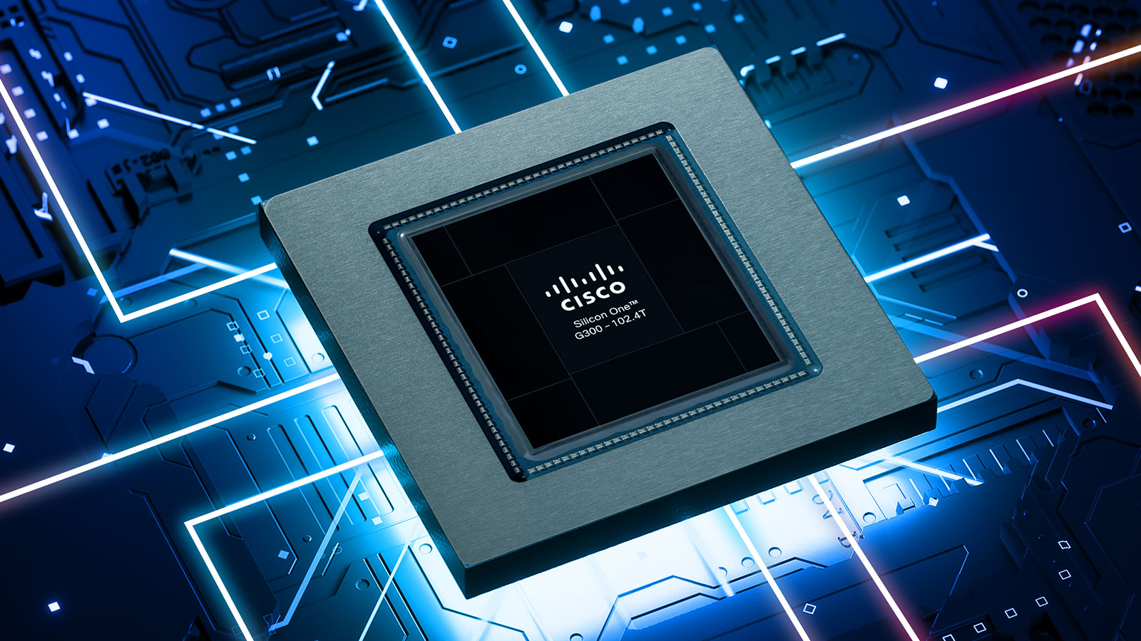 Cisco Silicon One processor on a circuit board in shades of blue and grey