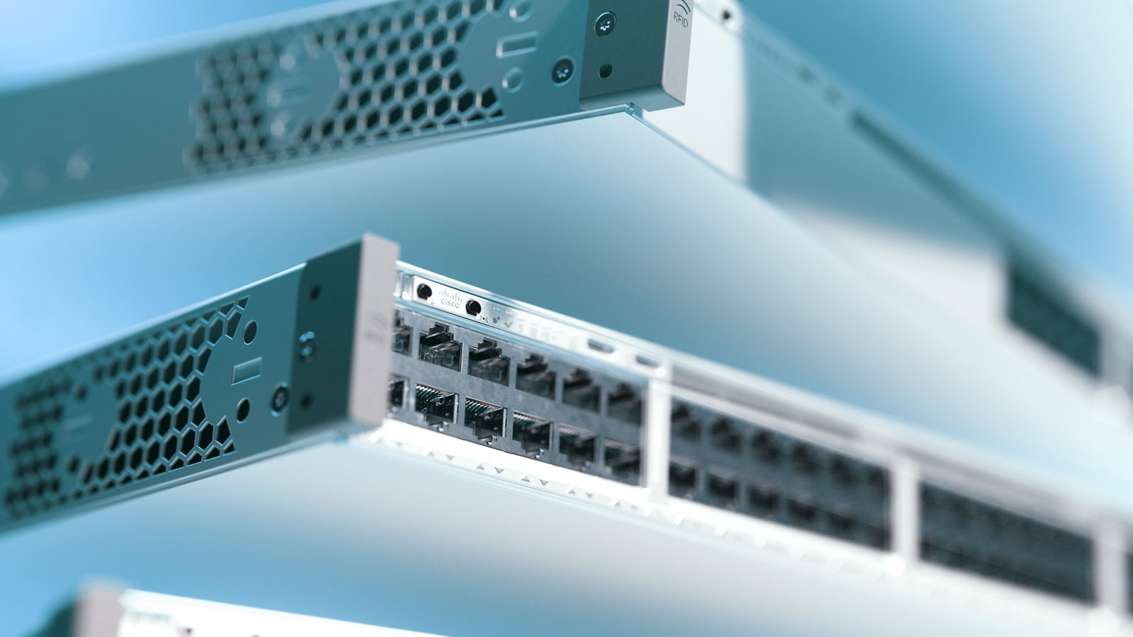 Close-up of networking equipment with multiple ports and visible Cisco logo