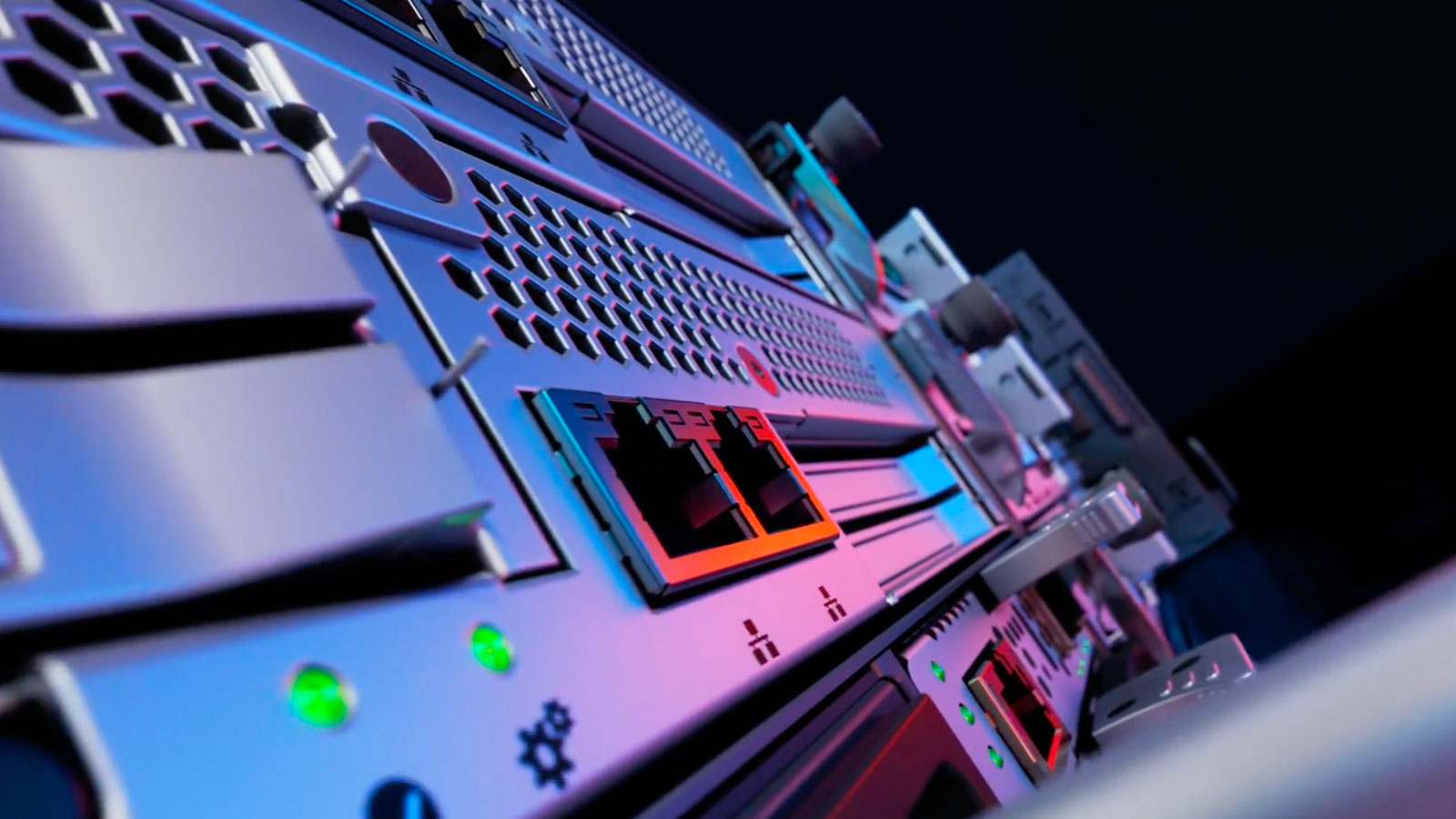 Close-up of networking equipment featuring Ethernet ports, status LEDs, and network icons