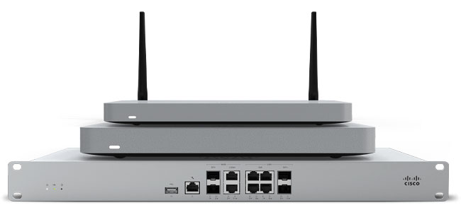 Stack of three different models of Cisco Meraki MX routers
