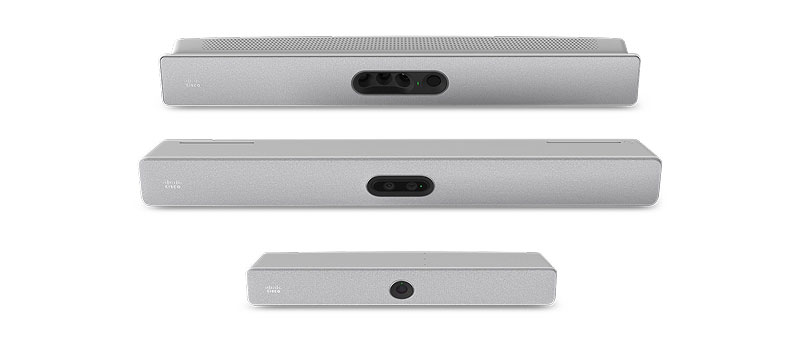 Three Cisco video conferencing devices of varying sizes stacked vertically, each with a central camera lens and Cisco logo.