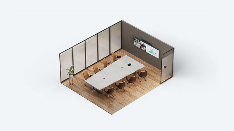 High-angle 2D view of a modern meeting room with a conference table, chairs, and a wall-mounted screen showing a video conference.