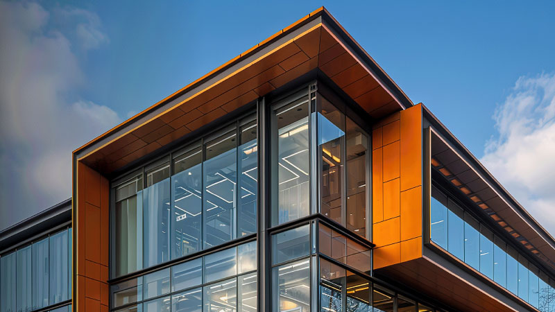 Modern building exterior featuring a glass facade and orange metallic panels.