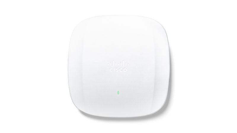 Cisco wireless access point featuring a centered logo and a green status indicator light.