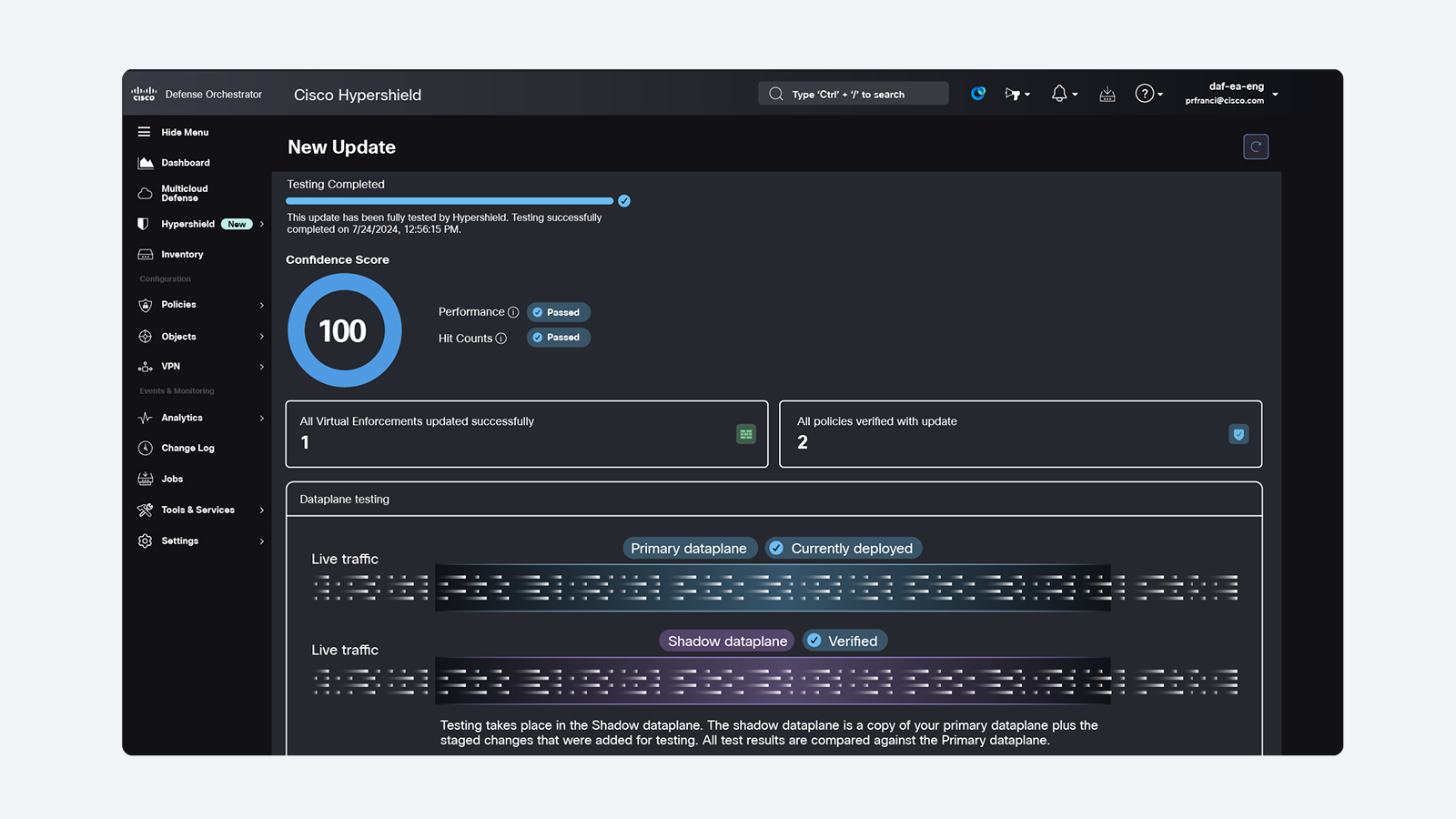 Cisco Hypershield dashboard showing a New Update of completed testing, with a confidence score, specific updates, and dataplane testing details. 