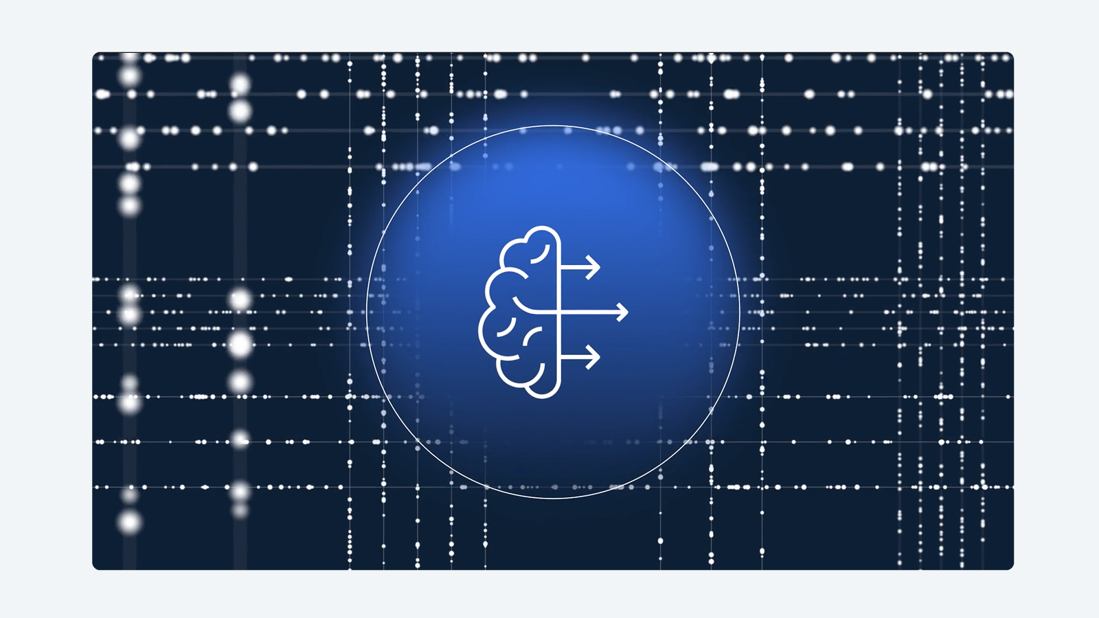 Stylized brain icon with three arrows pointing right, set against a background of digital grid lines and data points.