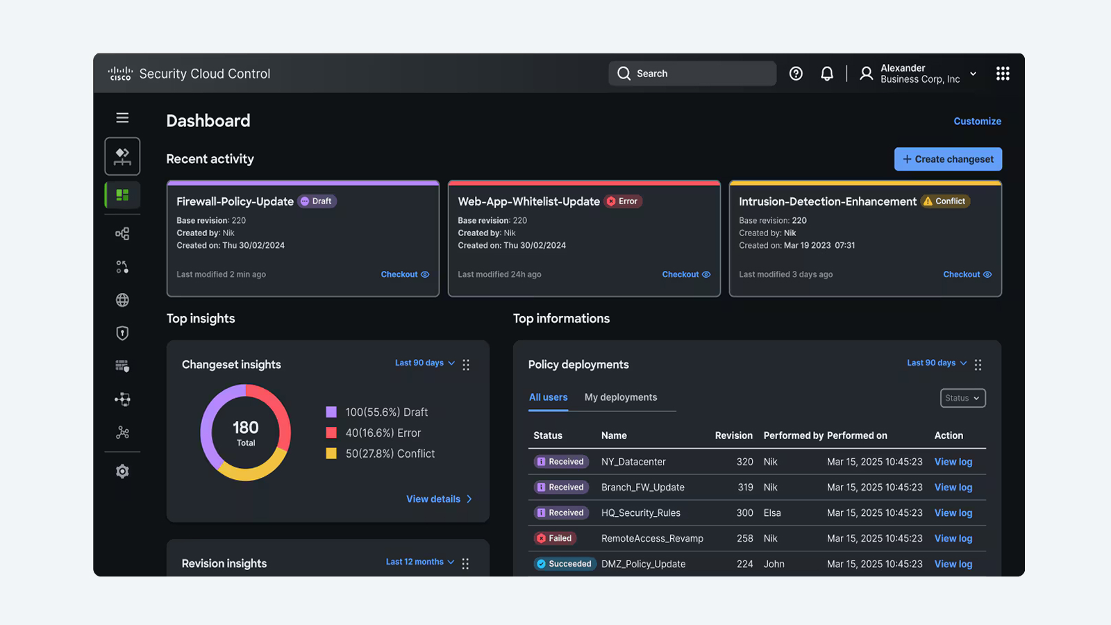 Security Cloud Control dashboard showing recent activity, top insights, and top information