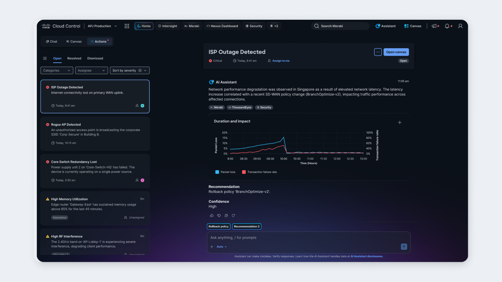 Displaying the Action menu in Cisco Cloud Control
