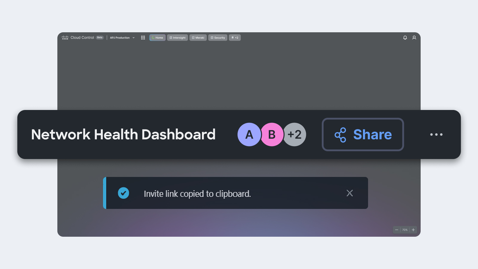 Cisco Cloud Control interface showing a thread with user message, AI agent routing, a line chart, and a top "Share" menu with user avatars. 