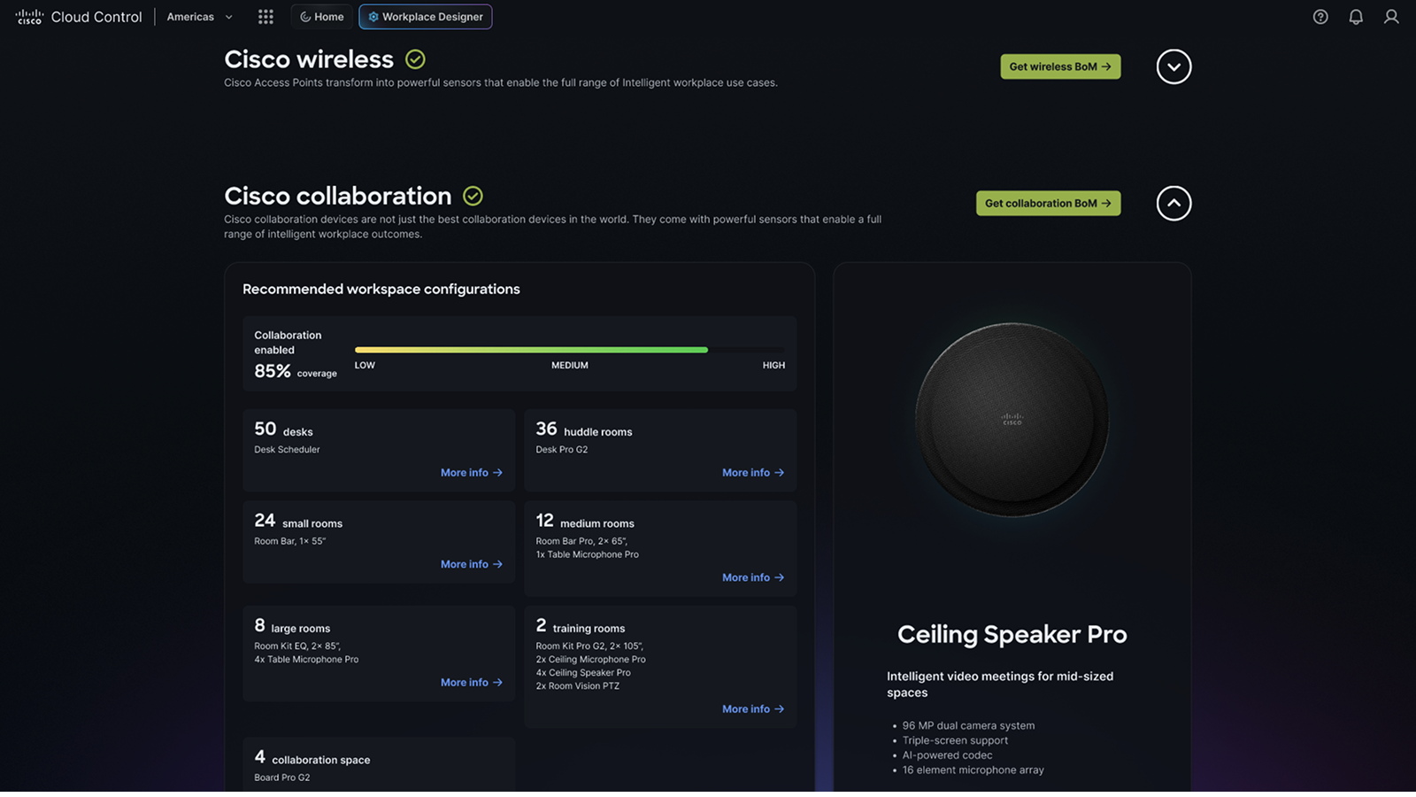 Cisco Cloud Control dashboard displaying 85% collaboration coverage, recommended workspace configurations, and Ceiling Speaker Pro product details.