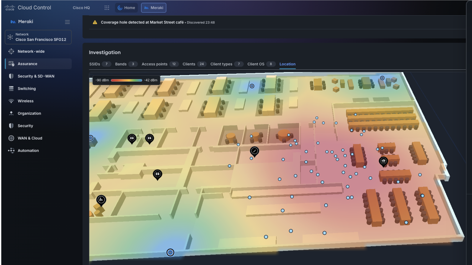 Cisco Cloud Control dashboard showing a Wi-Fi heat map for Market Street café with a detected coverage hole.
