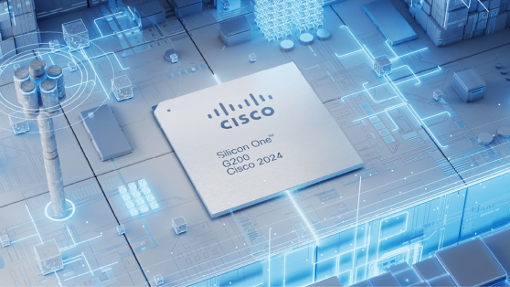 Cisco Silicon One K100 chip on a stylized blue circuit board with glowing data paths.