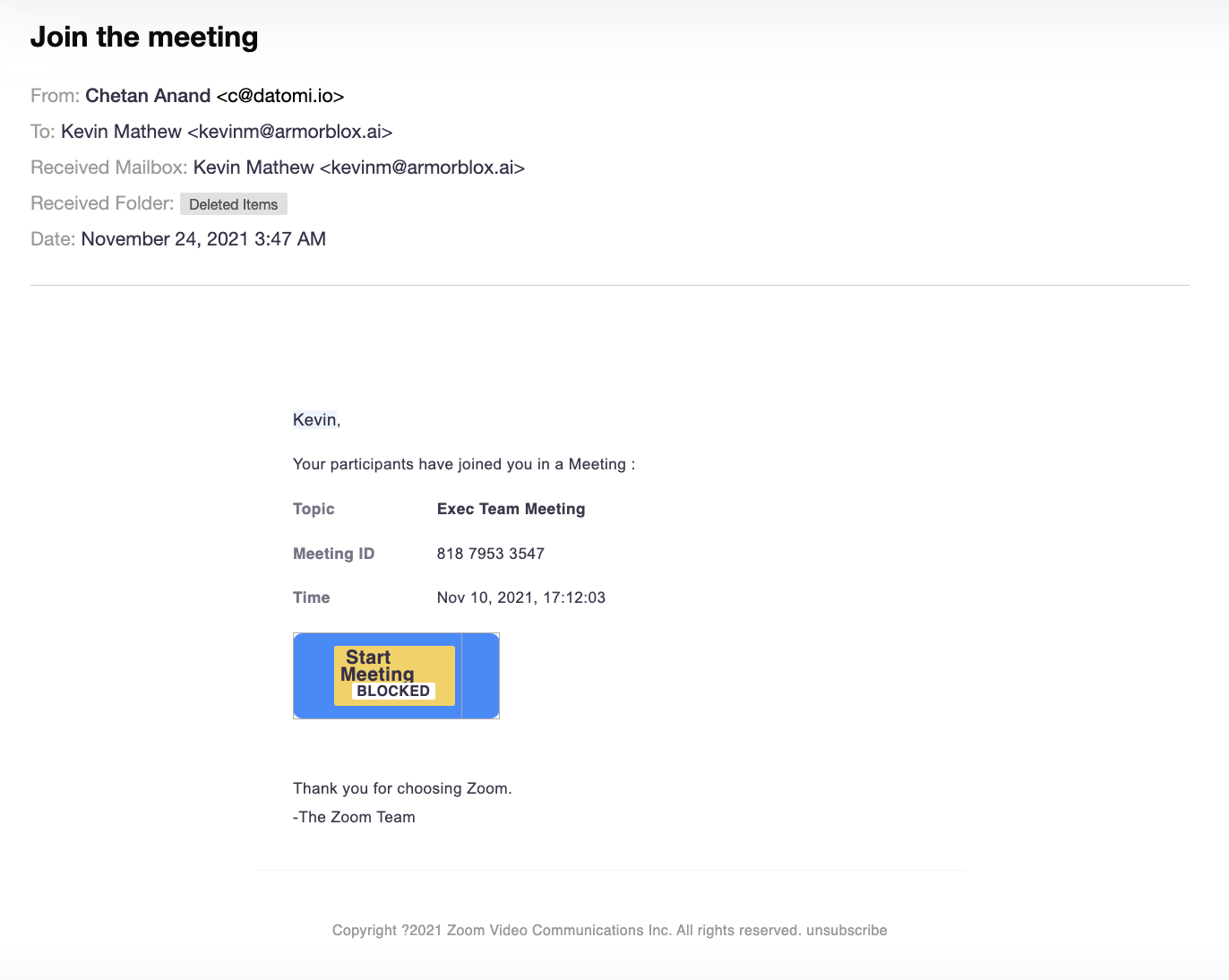 Sample screen capture of phishing password reset message