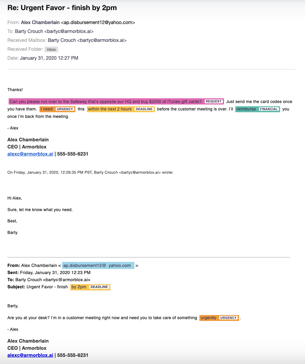 Sample screen capture of phishing message